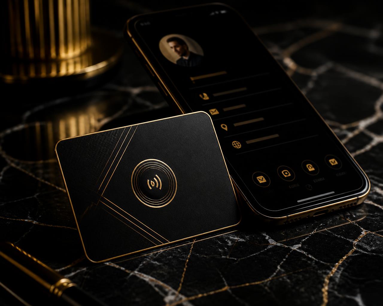 Black and gold NFC digital business card beside a phone showing a contact profile